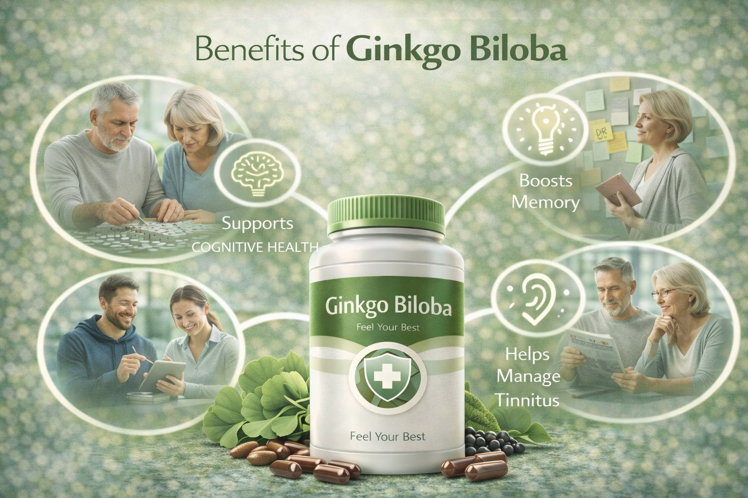 Infographic showing key benefits of ginkgo biloba including improved memory, cognitive support, mental clarity, and brain circulation