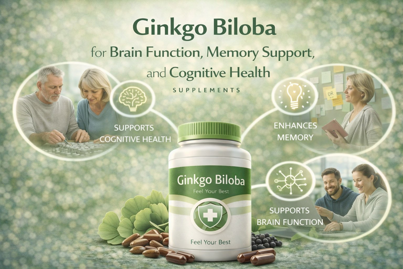 Ginkgo biloba supplement infographic showing benefits for memory support, cognitive function, brain health, and mental clarity