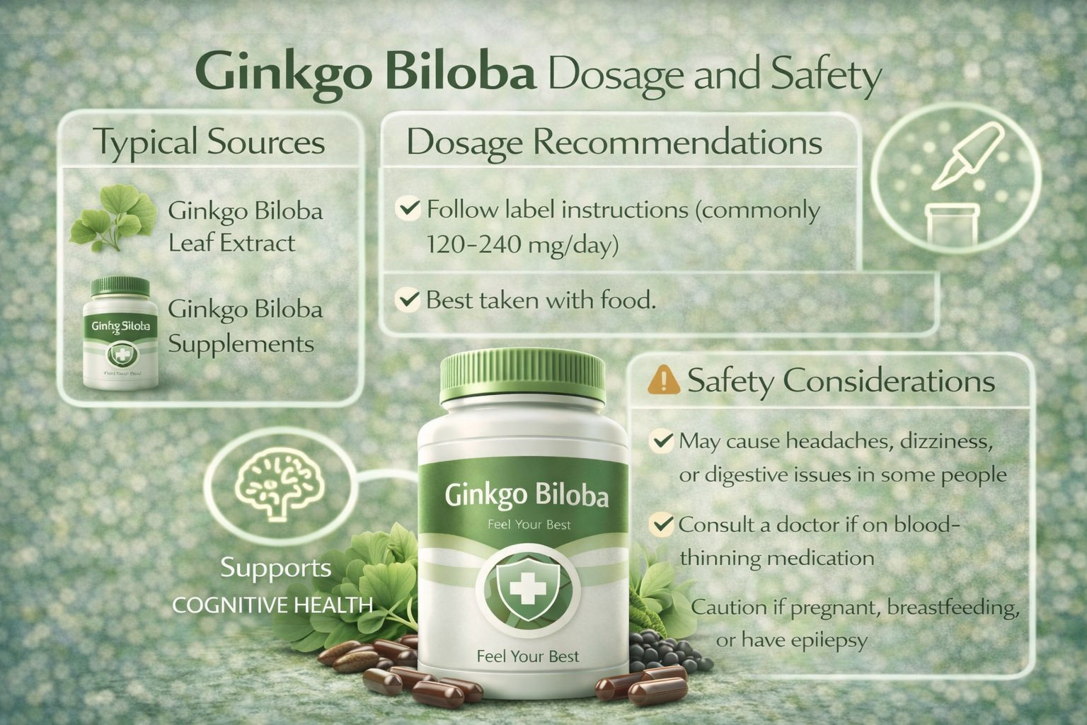 Infographic showing ginkgo biloba dosage recommendations, safety guidelines, and proper supplement use for cognitive and brain health support