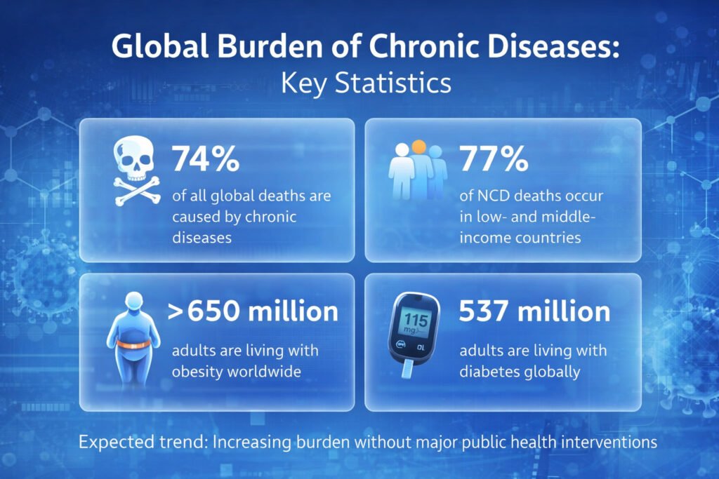 Global burden of chronic diseases statistics showing global deaths, obesity, and diabetes prevalence worldwide