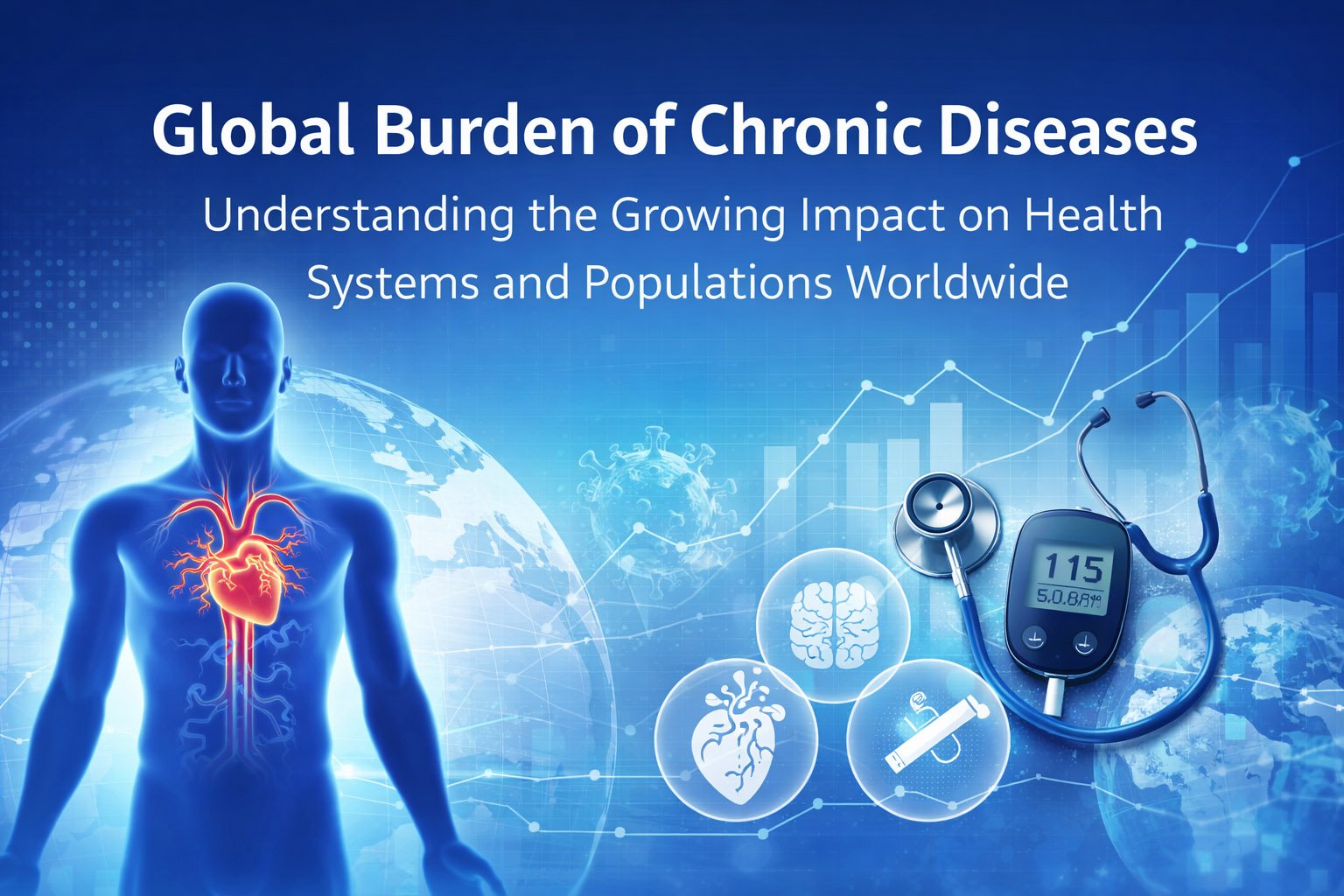 Global burden of chronic diseases illustration showing human body, global health data, and medical monitoring devices