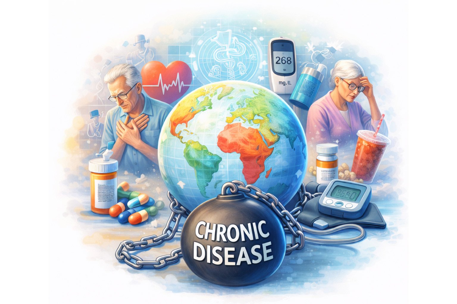 Illustration showing the global burden of chronic diseases, including diabetes, heart disease, and long-term health conditions affecting populations worldwide.