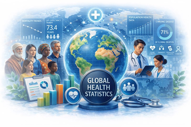 Illustration showing global health statistics, population health data, mortality trends, and worldwide health patterns.