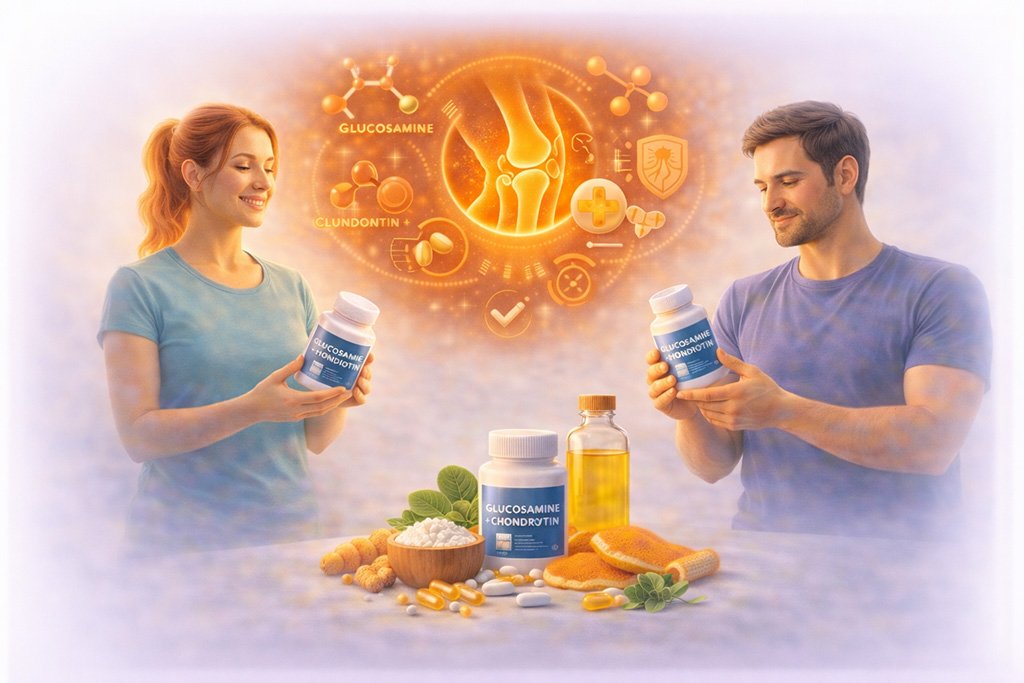 Young adults holding glucosamine and chondroitin supplements with ingredients and joint health symbols supporting cartilage and mobility