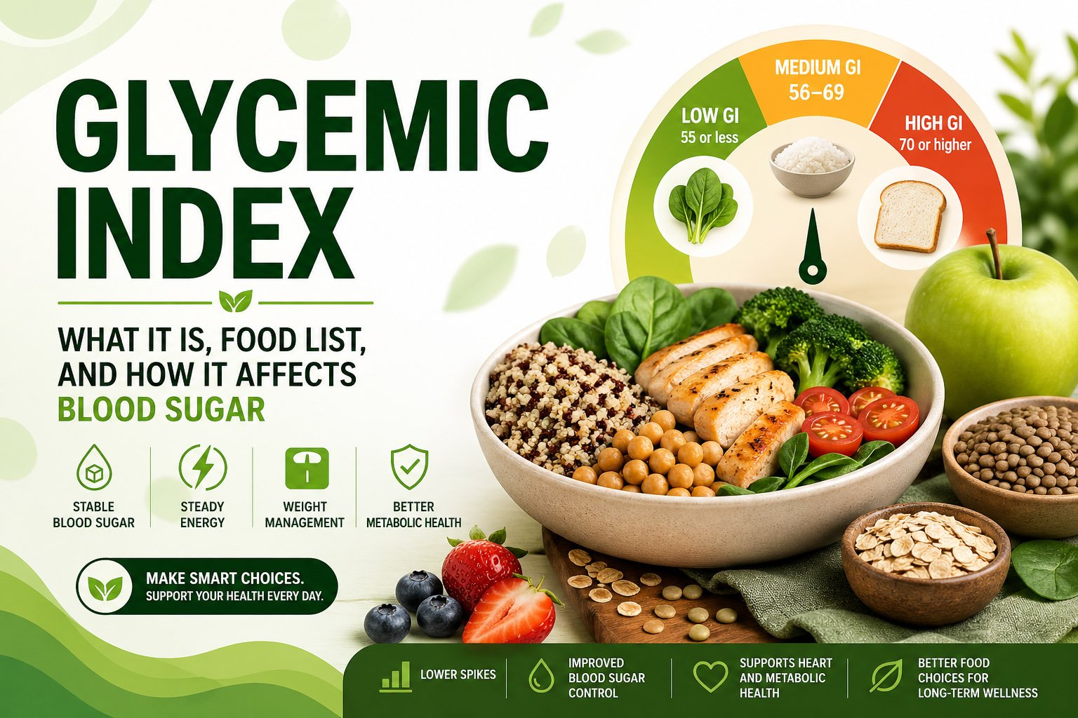 glycemic index chart showing low medium and high glycemic foods for blood sugar control