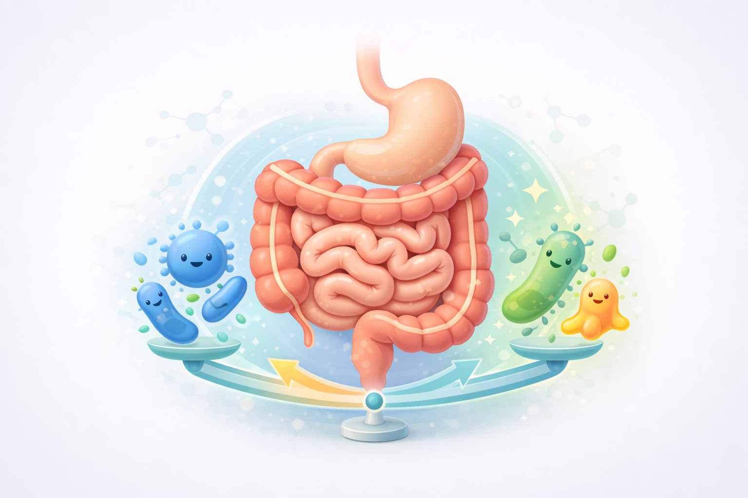 Illustration of the digestive system and gut microbiome representing gut health, digestion, and intestinal balance