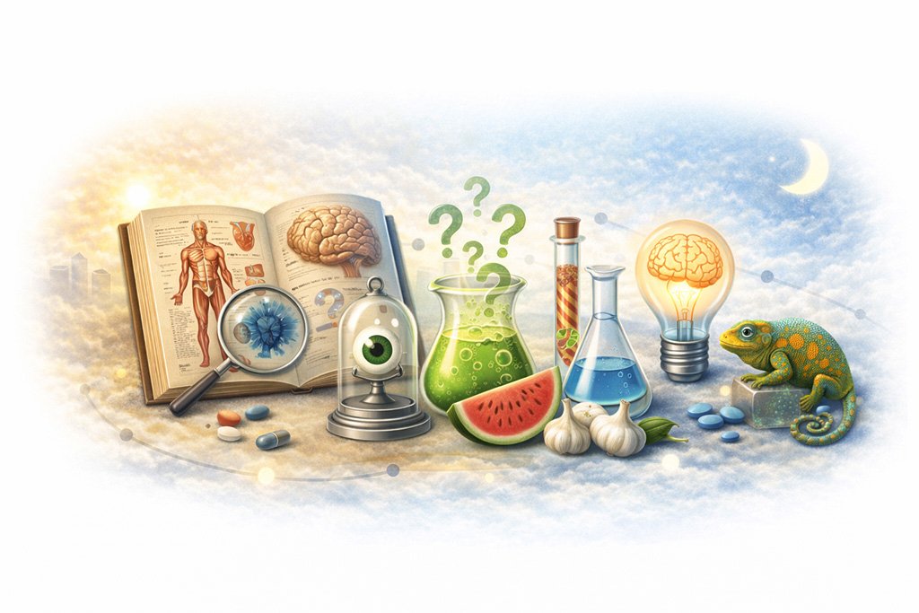 Illustration showing interesting health facts and scientific curiosities related to the human body, nutrition, and biology