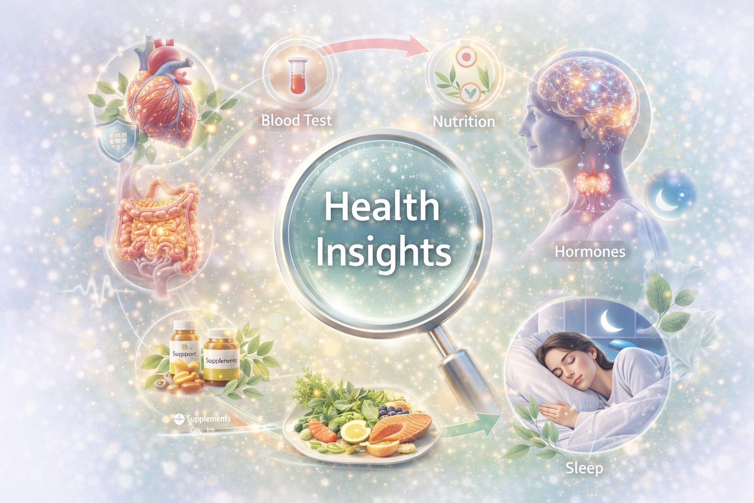 Global health insights illustration showing nutrition, sleep, metabolism, and lifestyle factors influencing longevity and disease risk