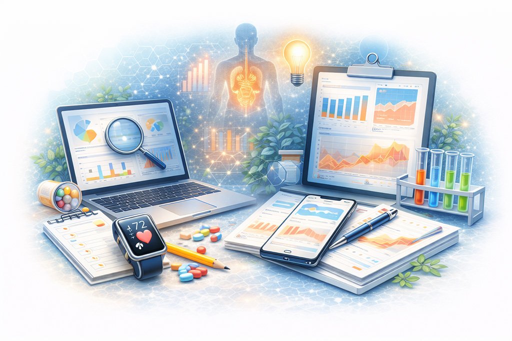 Health data analysis illustration with charts, wearable device, laboratory research, and population health monitoring