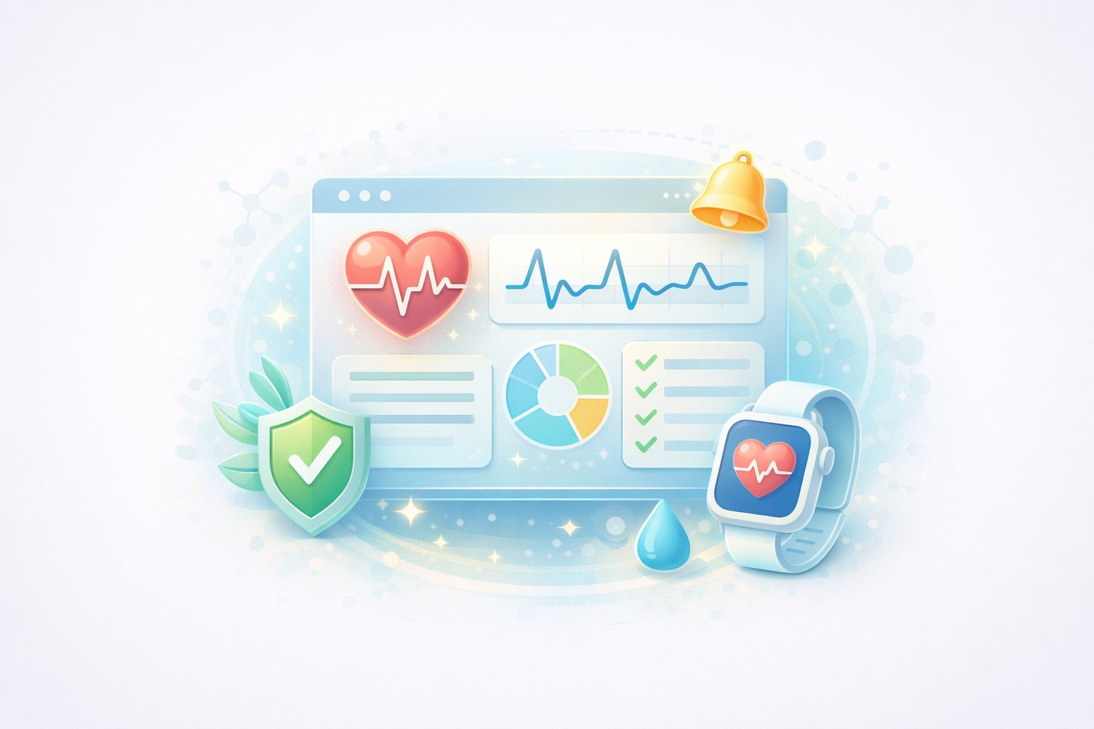 Illustration of health data charts and medical icons representing health insights, wellness information, and health monitoring