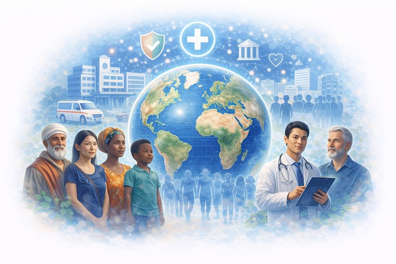 Illustration showing global healthcare systems, public health services, and diverse populations supported by medical professionals.