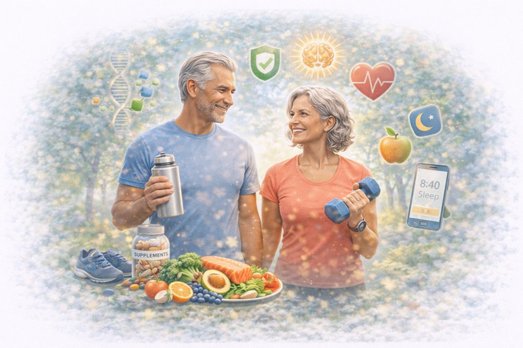 Healthy aging concepts including active lifestyle, balanced nutrition, and wellness habits in older adults