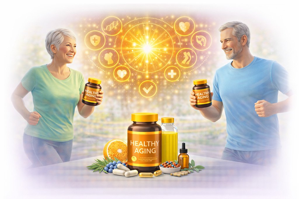 Healthy aging supplements with active older adults exercising to support longevity, vitality, joint health and overall wellness