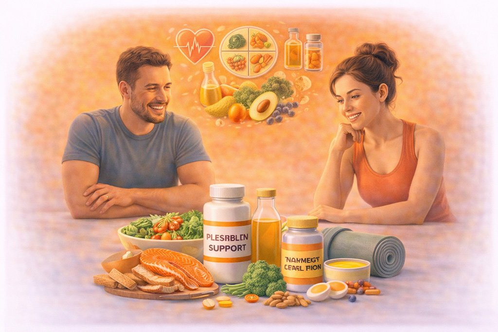 Young adults choosing healthy foods and balanced meals to support nutrition, energy and overall health