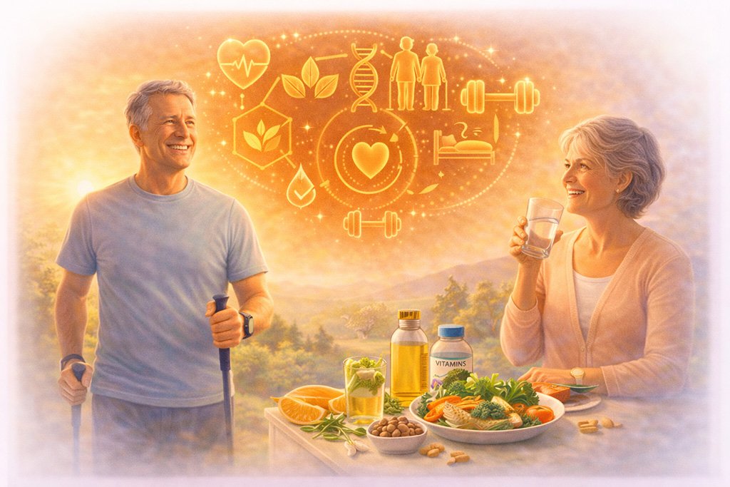 Older adults maintaining healthy habits such as regular physical activity, balanced nutrition and hydration to support longevity and healthy aging