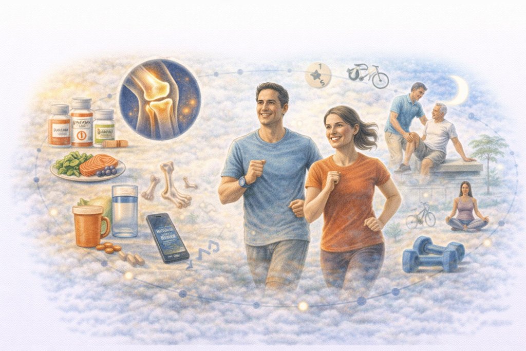 Illustration representing healthy joint maintenance after age 40, including physical activity, balanced nutrition, and supportive lifestyle habits