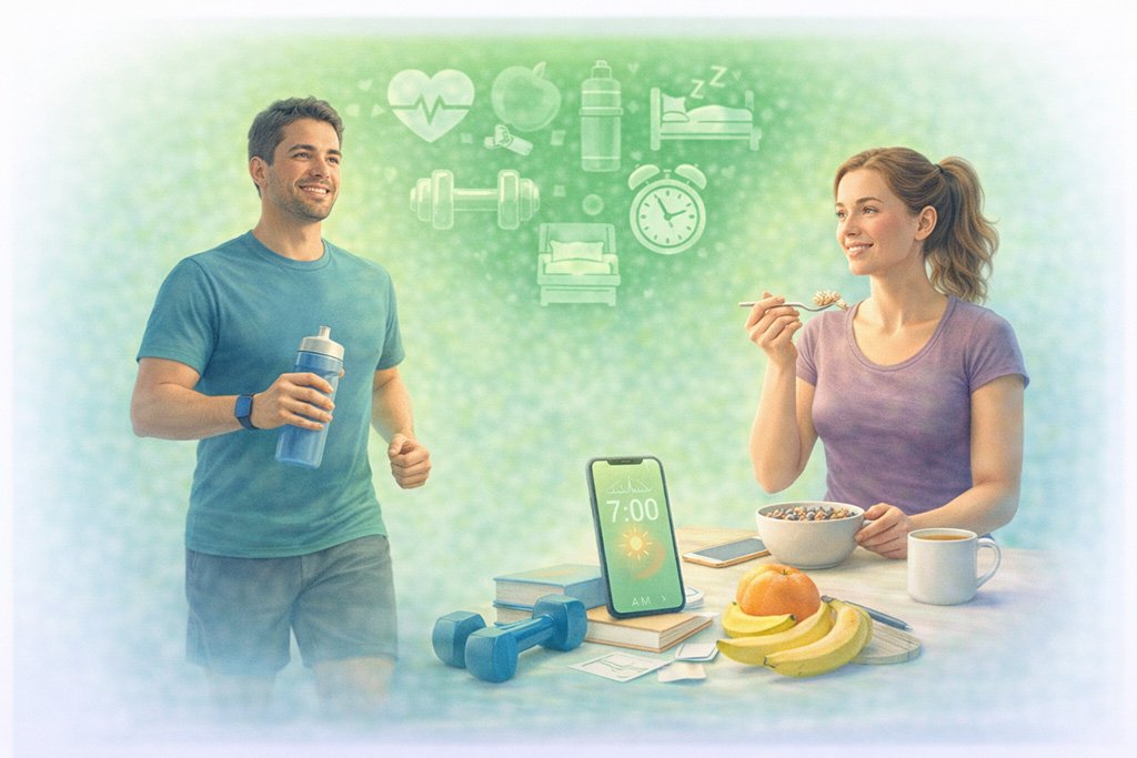 Young adults following a healthy daily routine including exercise, balanced breakfast and consistent wellness habits