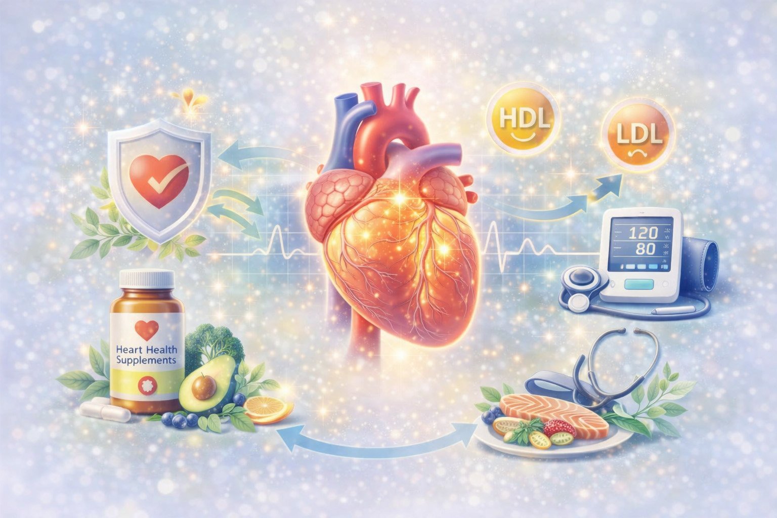 Heart health concept showing a healthy heart, medical tools, and nutritious foods that support cardiovascular health