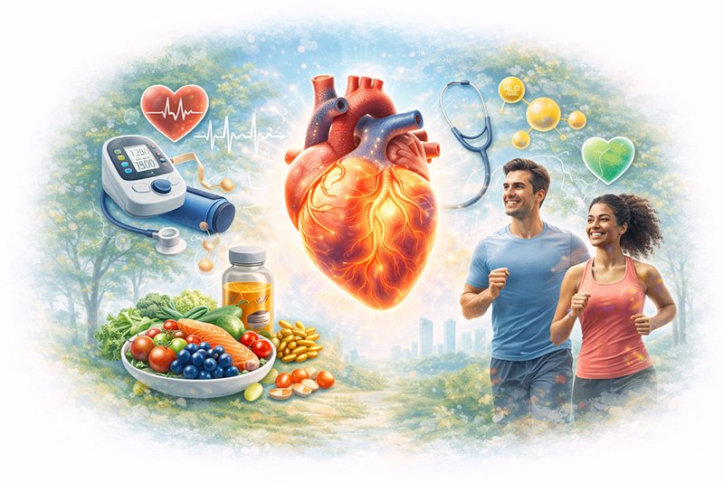 Illustration showing heart health, cardiovascular function, healthy diet, and physical activity supporting a strong and healthy heart.