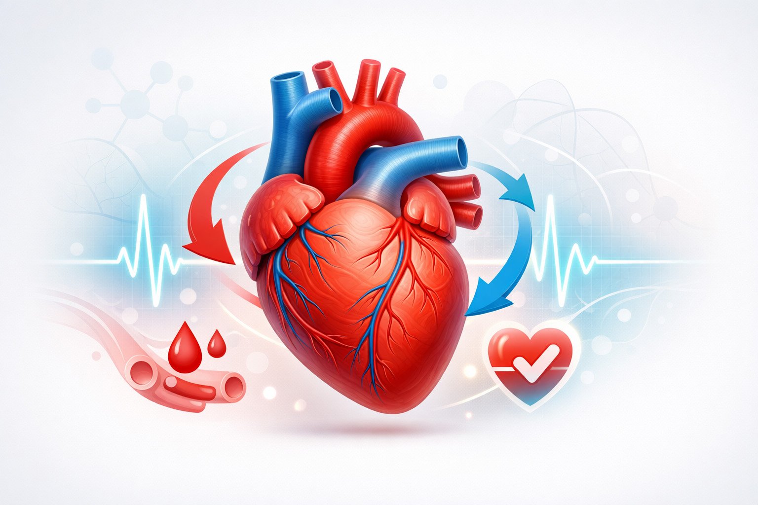Illustration of a healthy human heart with blood flow and cardiovascular health symbols representing heart health and circulation support