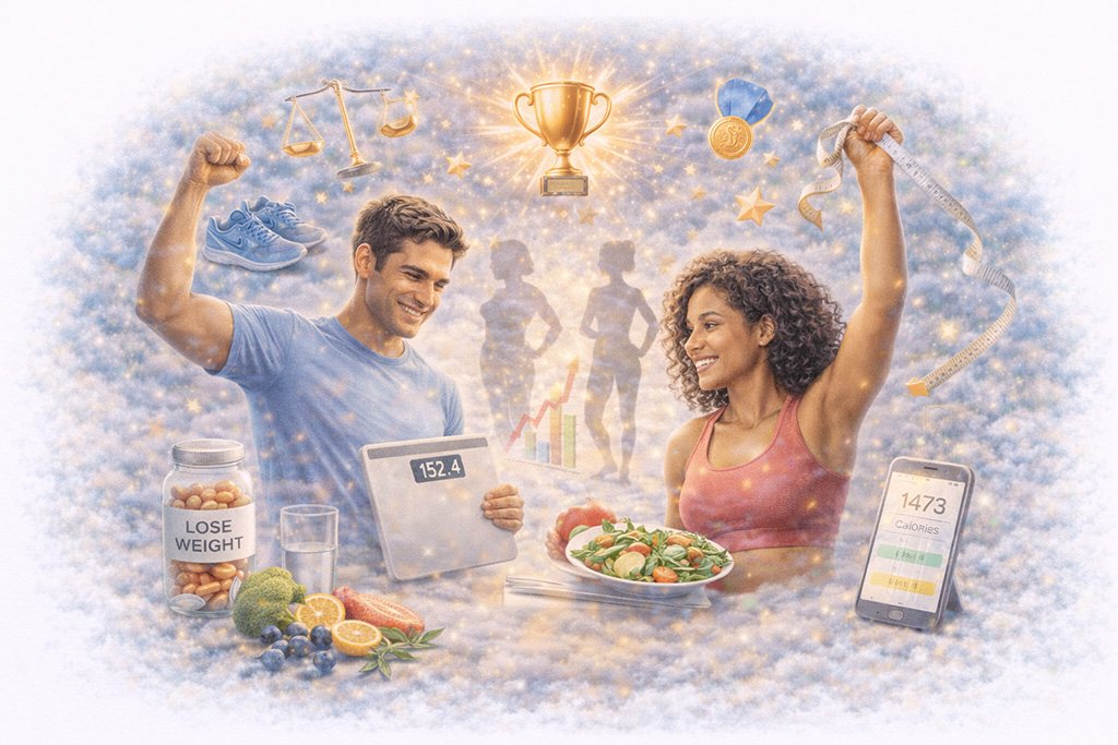 Healthy weight loss concepts including balanced diet, physical activity, and sustainable weight management habits