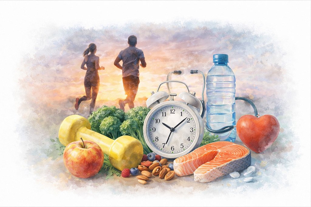 Healthy lifestyle habits linked to longevity including exercise, nutrition, and hydration