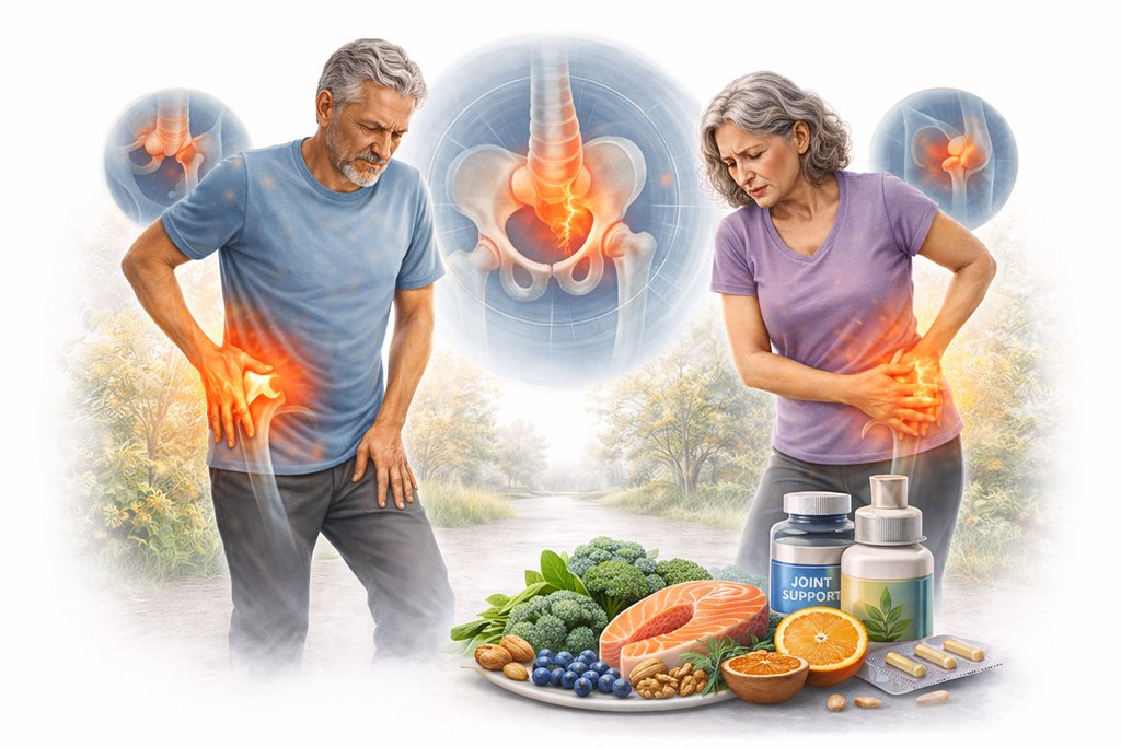 Hip pain symptoms affecting mobility, walking, and daily activities in adults and older individuals