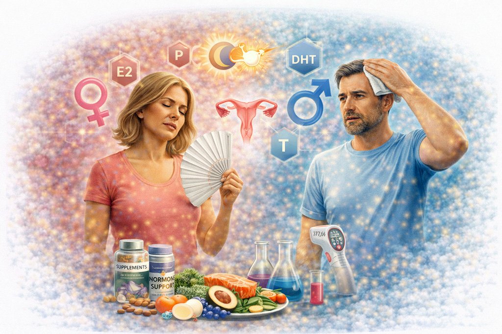 Hormonal changes concepts including menopause, andropause, and lifestyle factors that influence hormone balance and overall health