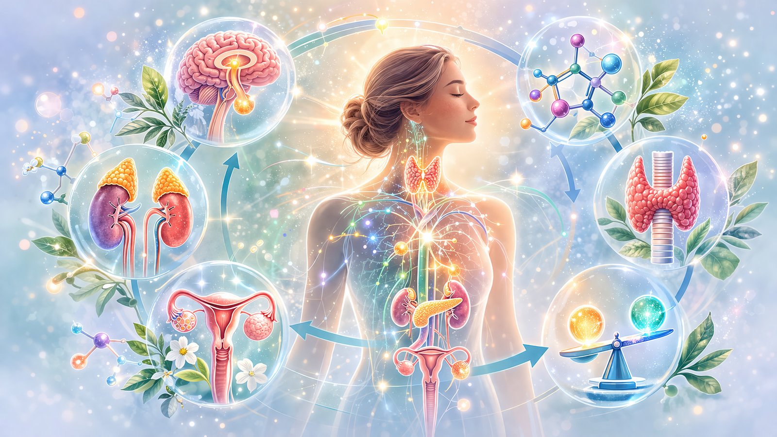 Illustration showing how hormones support major organs including the brain, thyroid, kidneys, and reproductive system for overall health and balance