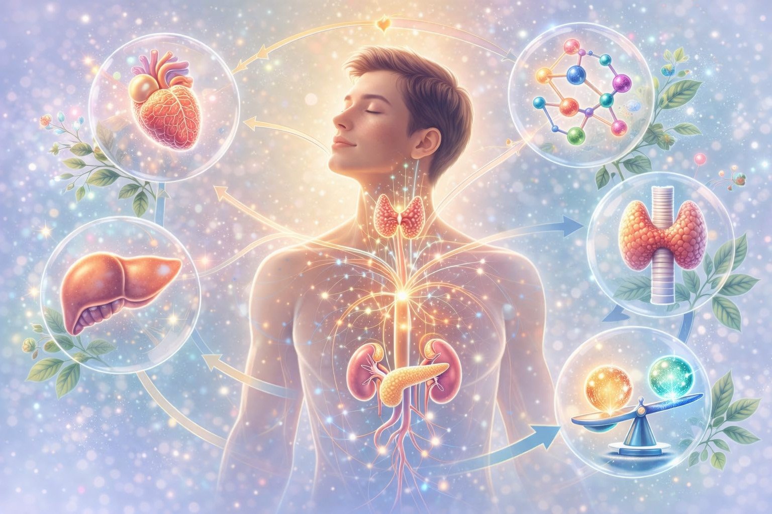 Illustration showing the benefits of balanced hormones supporting vital organs such as the heart, liver, kidneys, and thyroid for overall health and body function