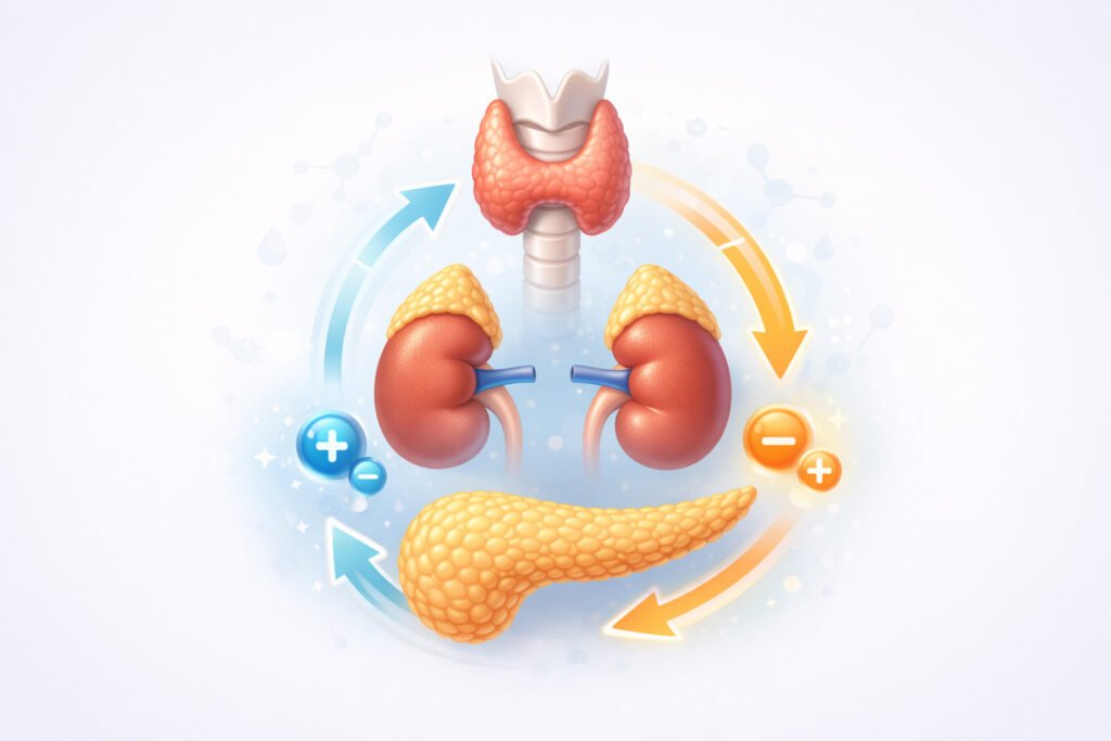 Illustration of endocrine glands and hormones representing hormone balance and endocrine system health