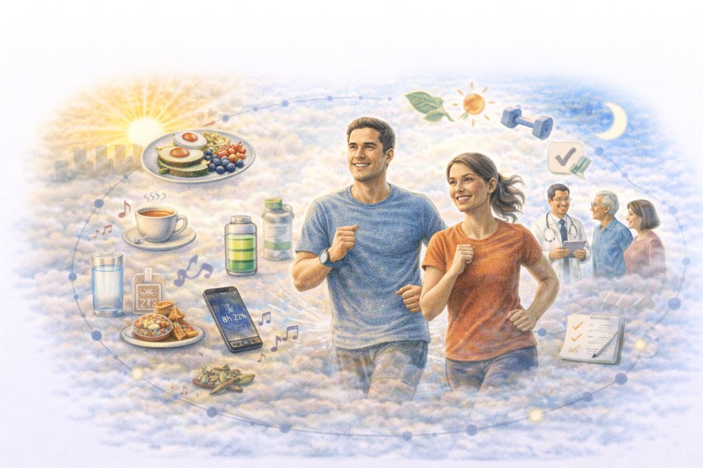 Illustration representing healthy lifestyle strategies to support daily energy levels, including balanced nutrition, physical activity, hydration, and consistent routines