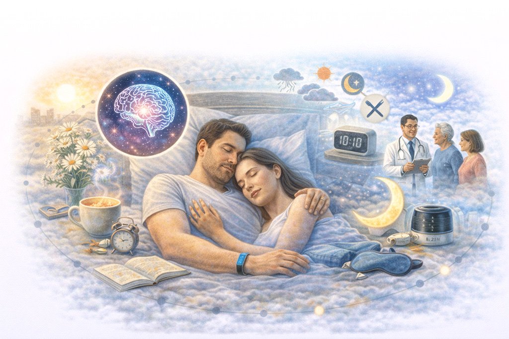 Illustration representing healthy sleep habits and strategies to improve sleep quality, including relaxation, consistent routines, and supportive lifestyle practices