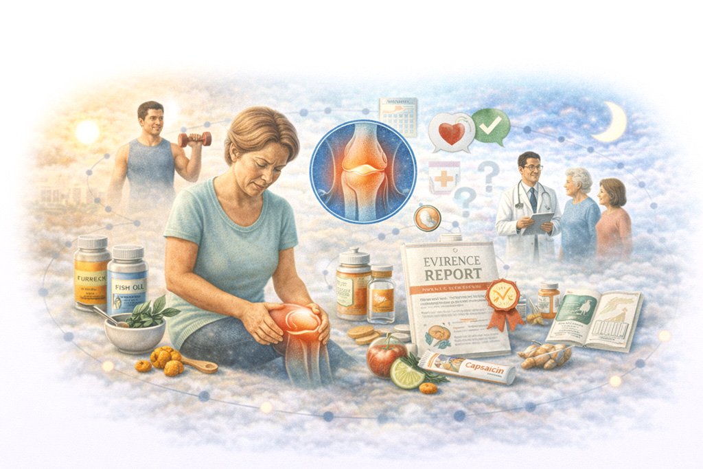 Illustration representing natural strategies to reduce joint pain, including exercise, healthy lifestyle habits, and supportive health guidance