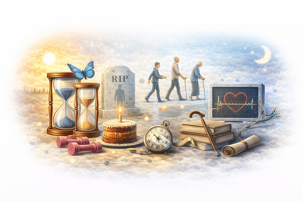 Illustration representing the biological limits of human lifespan, aging stages, and factors influencing longevity and survival