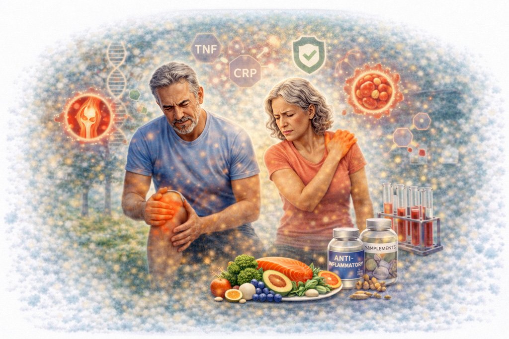 Inflammation and aging concepts including joint discomfort, immune response, and lifestyle factors that influence chronic inflammation