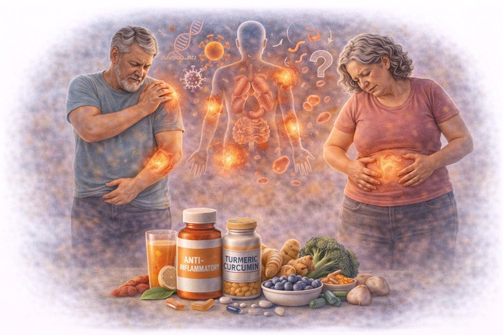 Inflammation symptoms affecting joints and digestive system with adults experiencing pain and inflammation-related discomfort