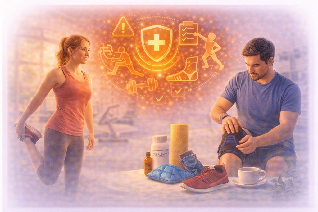 Young adults practicing stretching and using protective gear to prevent injuries during exercise and daily physical activities