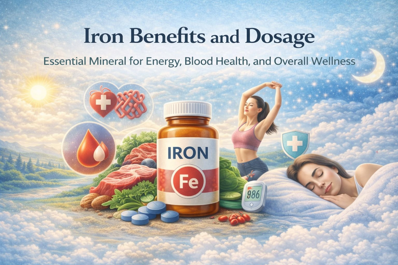 Iron supplement bottle with healthy foods and active people illustrating benefits of iron for energy, oxygen transport, and overall health