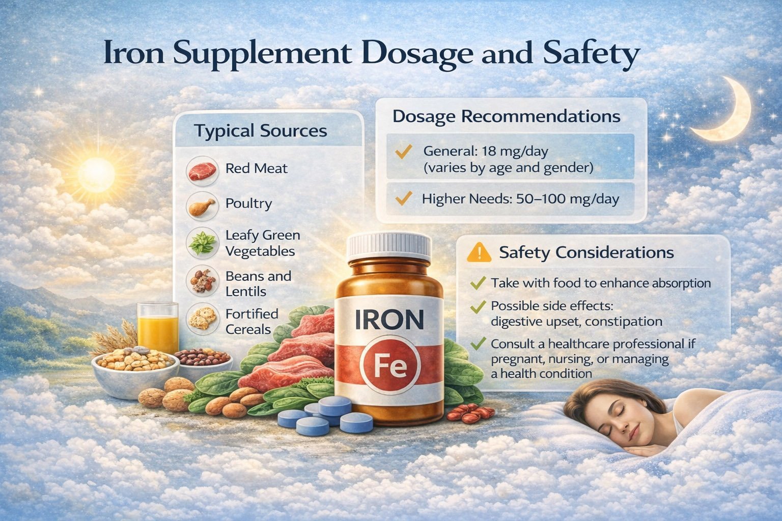 Infographic showing iron supplement dosage recommendations, safety guidelines, and daily intake information for adults