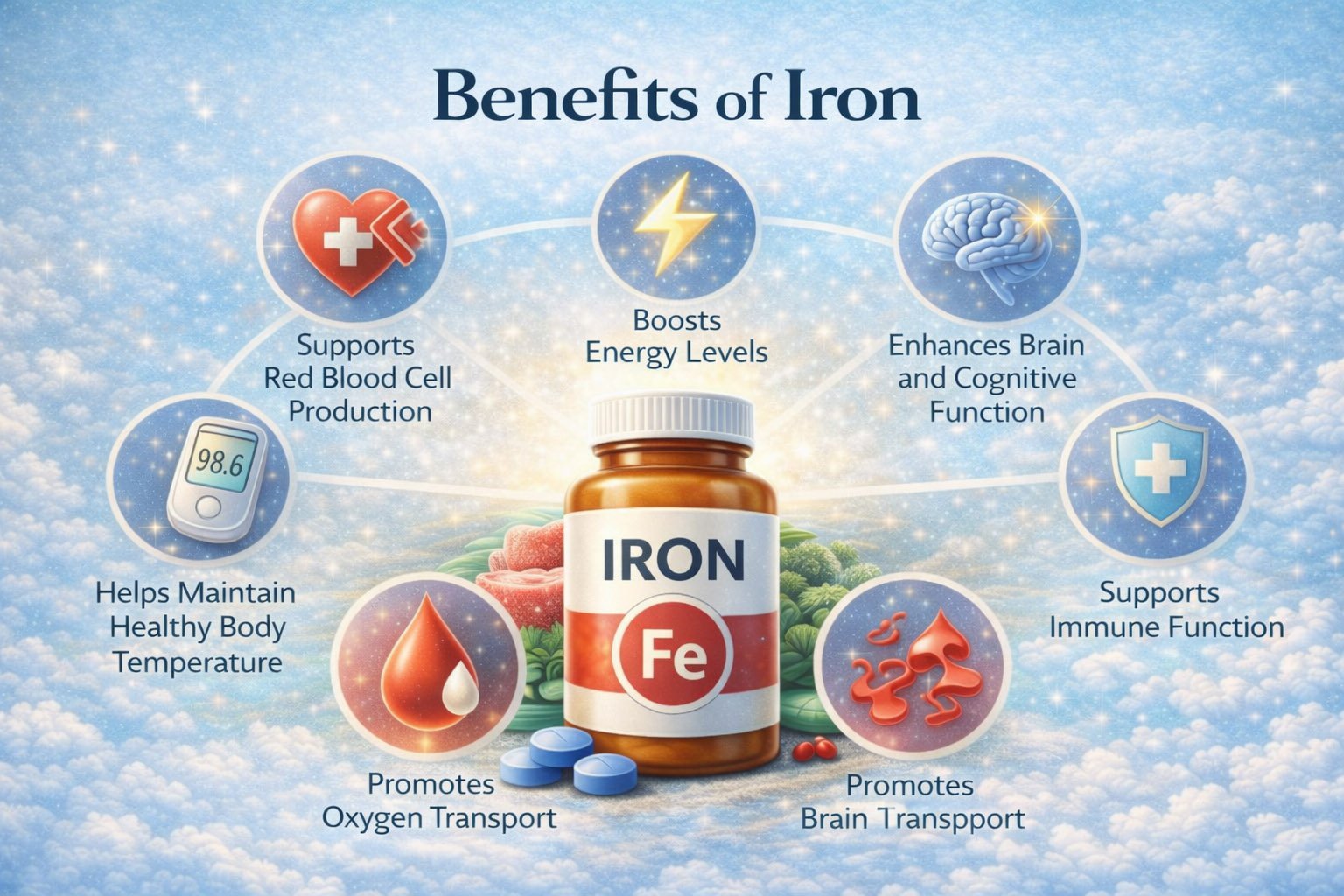 Infographic showing key benefits of iron including energy production, oxygen transport, immune support, and red blood cell formation