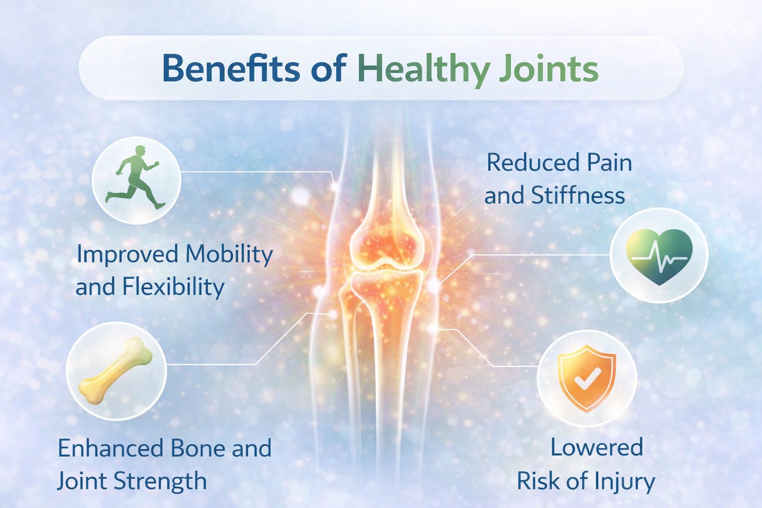 Infographic showing the benefits of healthy joints including improved mobility, reduced pain, stronger bones, and lower injury risk