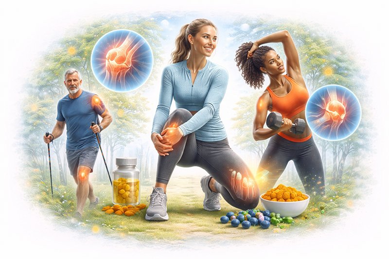 Illustration showing joint health, mobility, and physical activity, highlighting knees, shoulders, and other joints supported by exercise and healthy lifestyle habits.