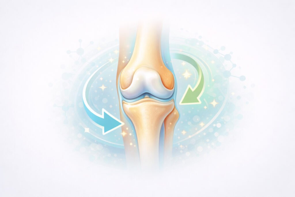 Illustration of a knee joint with movement arrows representing joint health, flexibility, and mobility support