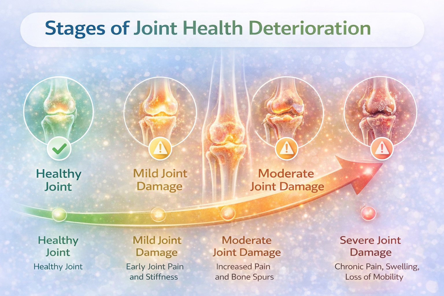 Timeline showing stages of joint health deterioration from healthy joint to severe joint damage with increasing pain and loss of mobility