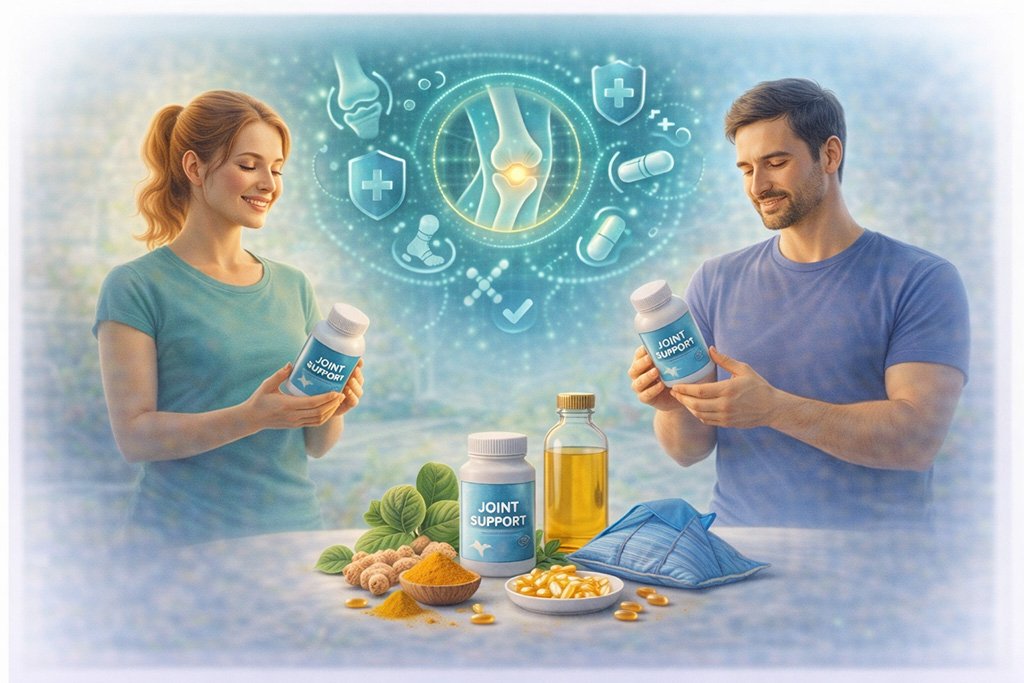 Young adults holding joint support supplements with ingredients and symbols representing joint health, mobility and inflammation support