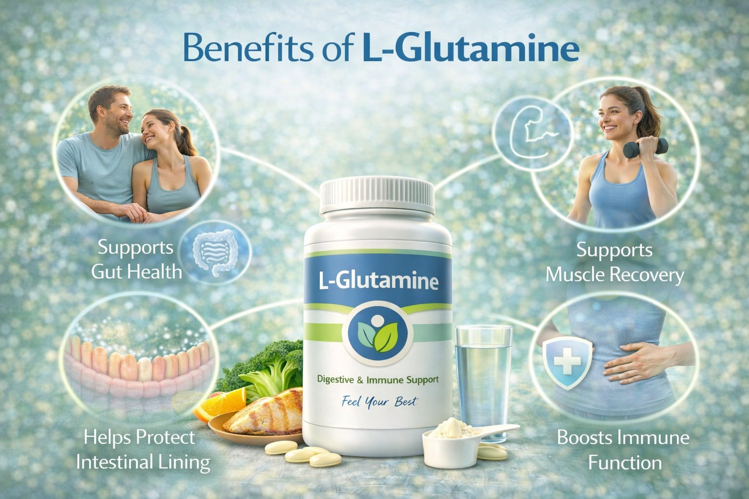 Infographic showing key benefits of L-glutamine including gut lining support, digestive health, immune function, and muscle recovery