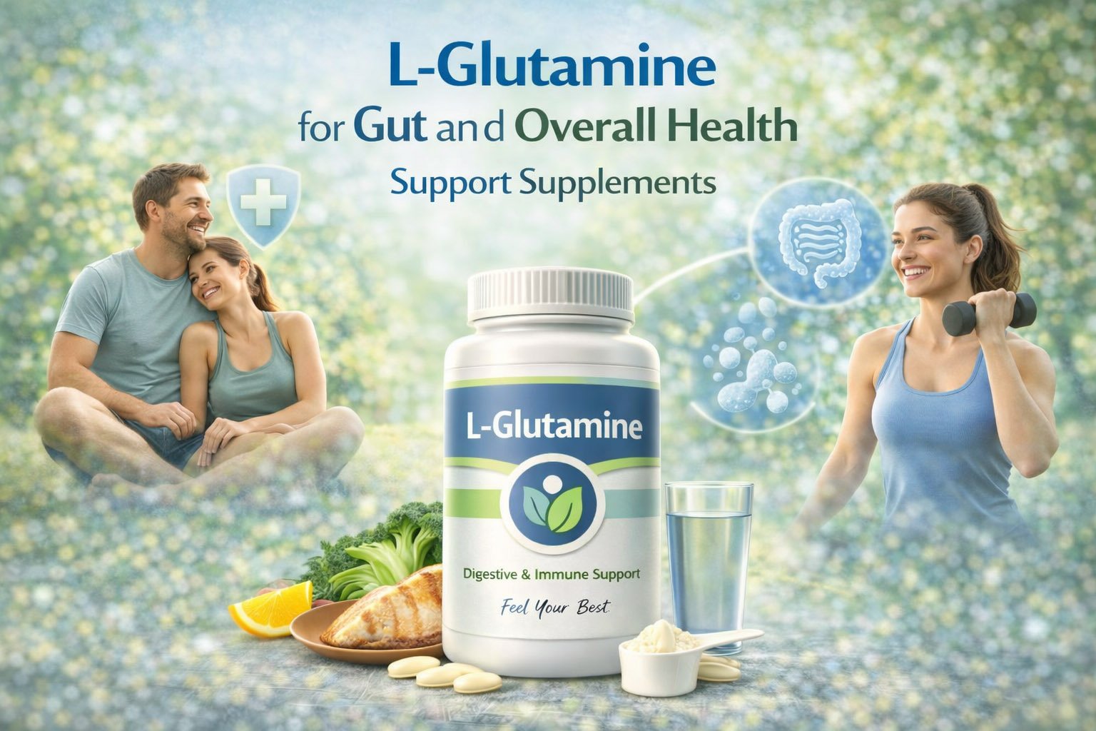 L-glutamine supplement infographic showing benefits for gut health, intestinal lining support, immune function, and recovery