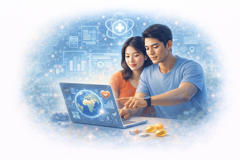 Illustration showing people exploring health information online, reviewing data, and learning about health trends and wellness topics.