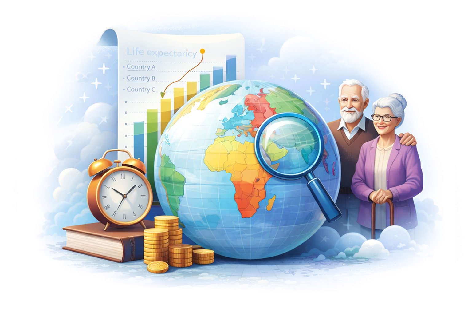 Illustration showing global life expectancy differences by country, with world map, aging population, and health trends.